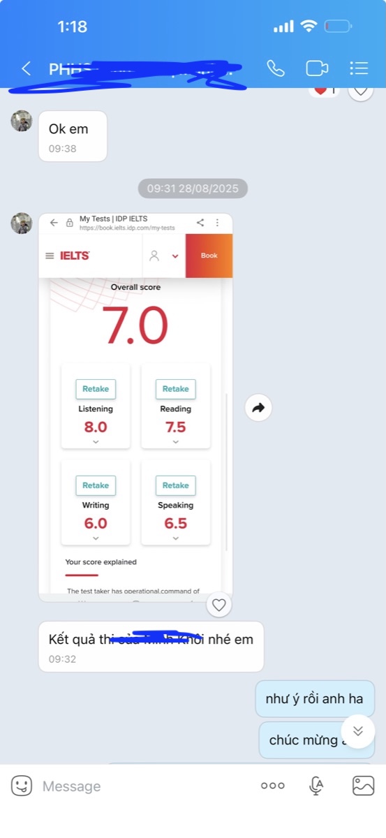 Học viên gửi kết quả IELTS Overall 7.0, Listening 8.0 và Reading 7.5